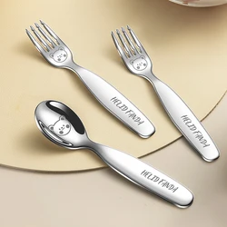 WORTHBUY Children's Spoon Fork 304 Stainless Steel Cutlery Cute Little Bear Pattern Soup Scoop Dessert Fruit Fork Tableware Set