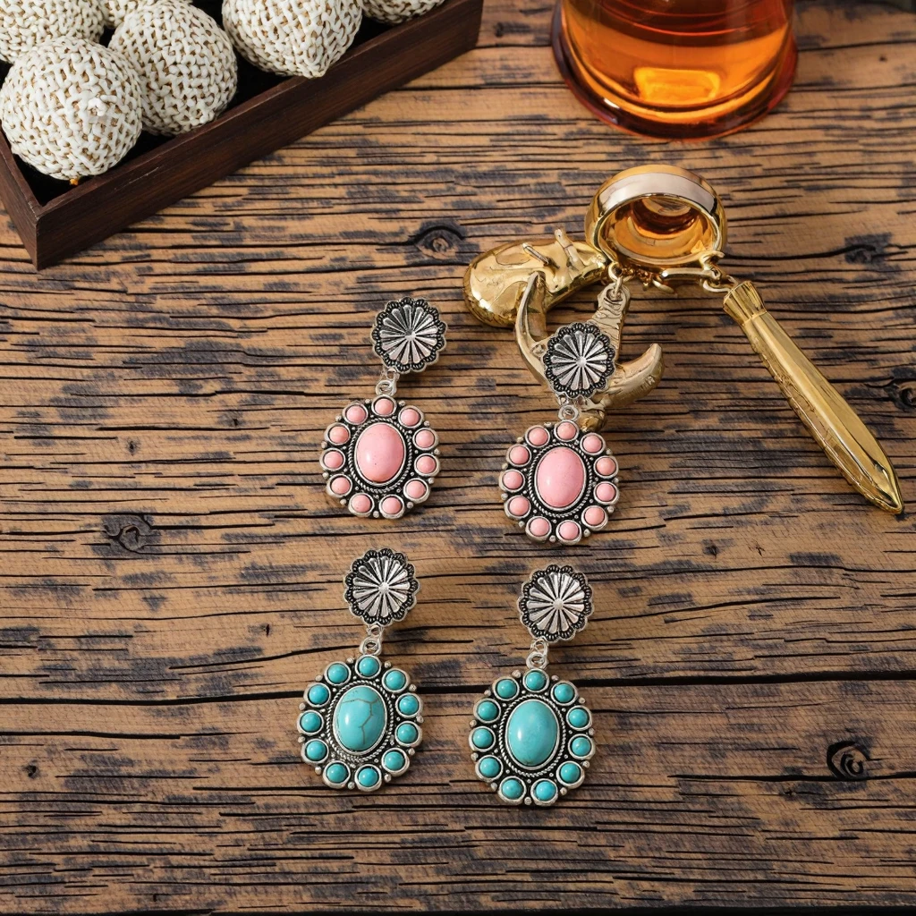 Pink Turquoise Earrings for Women Coral Western Dangle Earrings with Concho Stone - Turquoise Squash Blossom