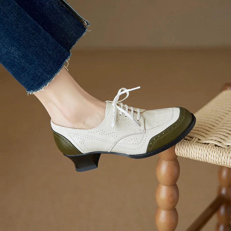 New Genuine Leather Women High Heel Shoes Lace Up Classic Round Toe Mid Heels Shoes Casual Loafers Office Lady Dress Size 34-40