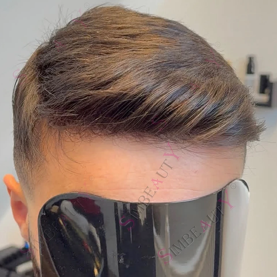 

Мужской коричневый парик из натуральных волос с естественной линией роста, серый 1B80, с фестончатым передом, прочная и долговечная основа из полиуретана 0,1 мм, для мужчин с облысением