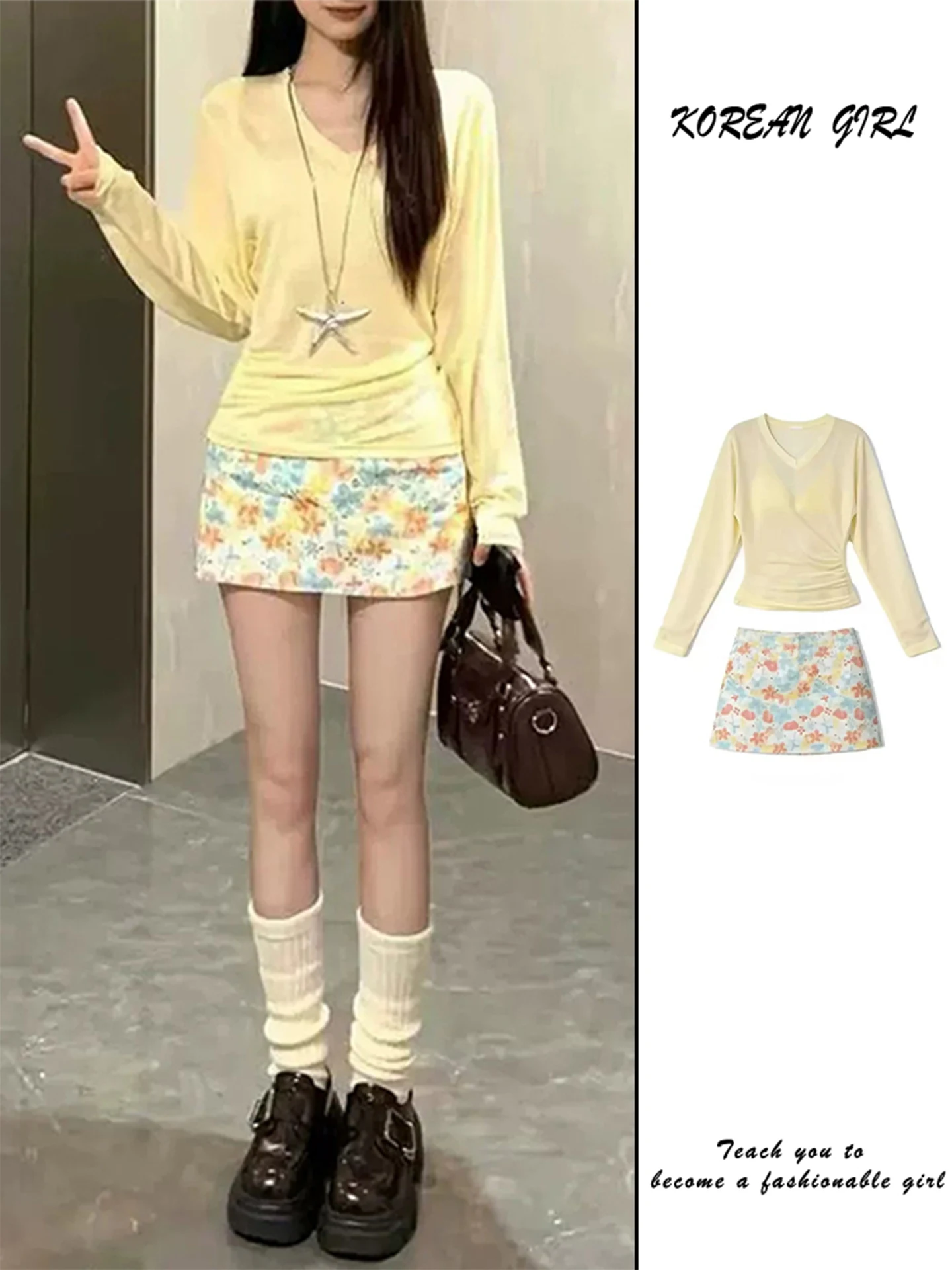 Yellow V-Neck Knitted Top And Floral Skirt Set Women's Early Autumn Sun Protection Cover up Bodycon Half Skirt Ensemble