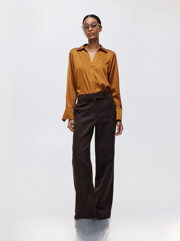

H&M Women's Shirt Summer Fashion High Intelligence V-neck Commute Inner Wear Long Sleeve Satin Surface Shirt 0939703