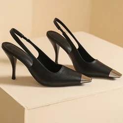 Black High Heels Women's Sandals Summer Metal Square Toe Pumps Women Shoes French Sexy Back Empty Single Shoes Flats Small Heel