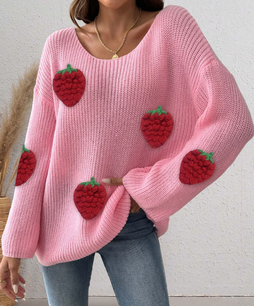 

Women's Pullover Sweater Strawberry Three-dimensional Patchwork Loose One-neck Off-The-shoulder Flared Sleeve Sweater