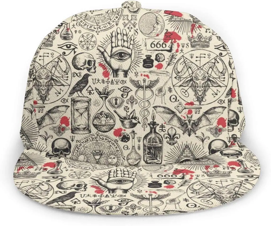 Abstract Pattern On Occult Theme Flat Bill Brim Cap, Cool Hip Hop Trucker Hat Men Women Adjustable Baseball Caps