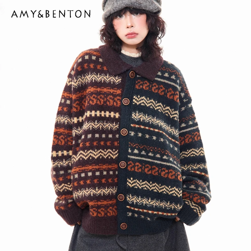 

Autumn Winter New Splicing Turn-down Collar Women's Cardigan Retro Design Loose Versatile Casual Knitted Sweater Coat Ladies