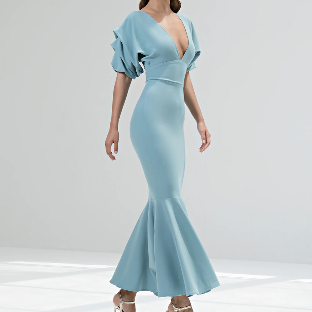 Customized Modern Jersey Mermaid Evening Dress V-Neck Half Sleeves Floor Length Solid Color Delicate Vestidos para mujer