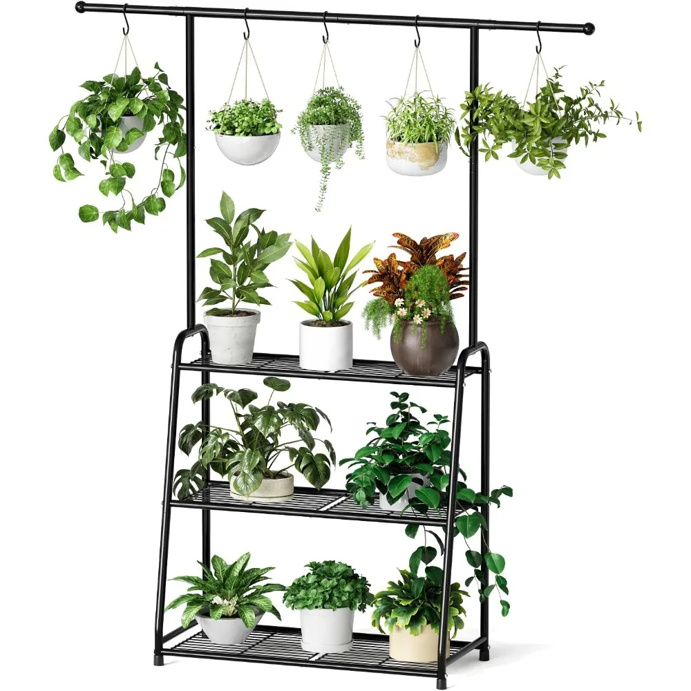 

3-Tier Metal Plant Stand for Indoor and Outdoor Use, Hanging Plant Shelf for Multiple Flower Planter Holder, Tall Large Rack Ide