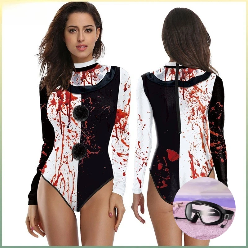 

Halloween Clown Costume Cosplay Swimsuit with Bloodstain Vampire Swimwear Role Play Outfit for Women Summer Season Theme Party