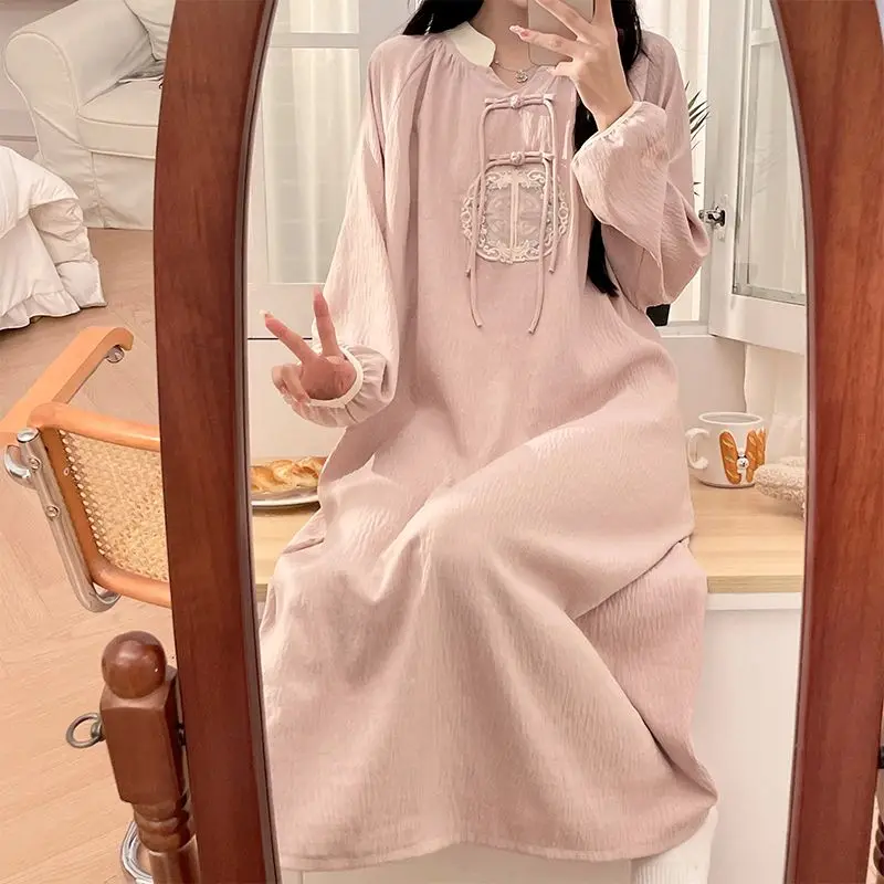 

Chinese Style Nightdress Women's Autumn Long Sleeve Nightgown Simple Sleepwear Home Dress New Sweet Loose One Piece Pajamas