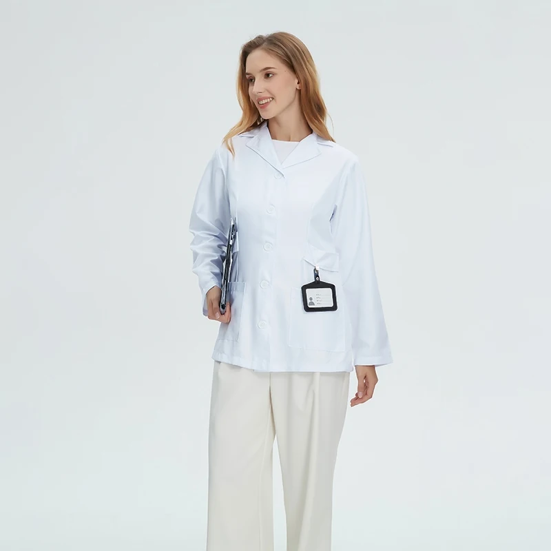 여성 간호사 긴 소매 흰색 코트 통기성 전문 실험실 병원 의사 유니폼 대학 작업복 재킷