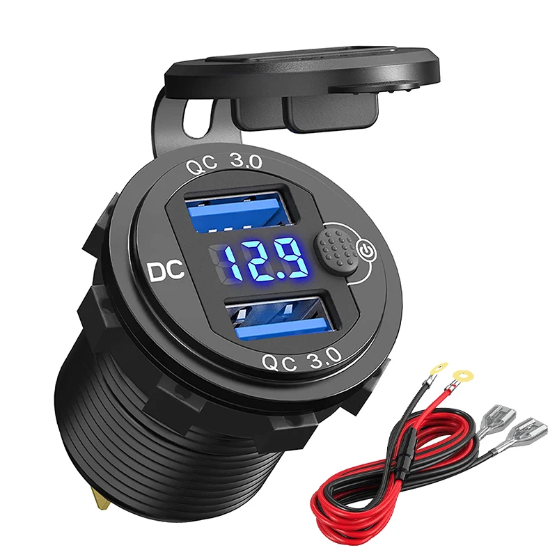 Schnellladegerät Aluminium QC3.0 Dual USB Autoladegerät mit Schalterknopf LED Spannungsanzeige für 12V/24V Autos Boote Motorrad – Detail 2