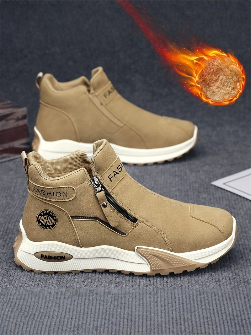 

High-Top Men's Winter Boots Casual Versatile Retro Work Boots Fleece-Lined Warm Leather Shoes Men's Cold-Resistant Snow Boots