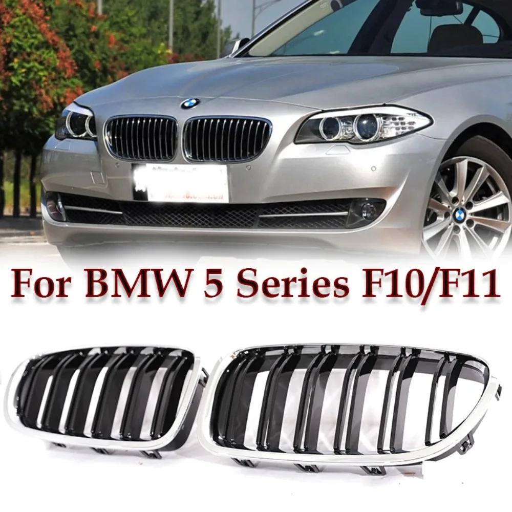 Silver Chrome Frame Double Slat Kindey Grille Front Racing Grill For BMW 5 Series F10 F11 520i 535i 530i 540i 2010-2017