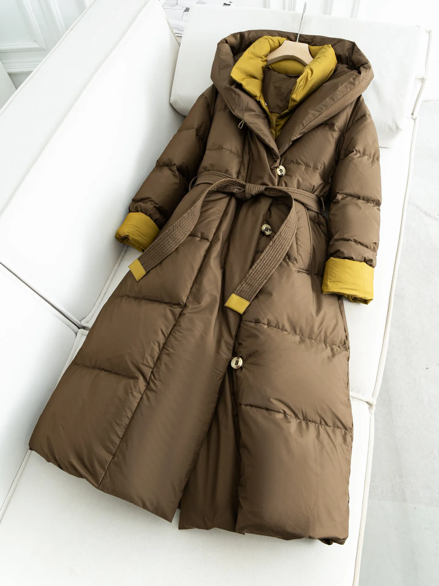 2026 Winter New Women's Down Jacket Loose Commuter Hoodie Splicing Long 90 White Duck Down Jacket