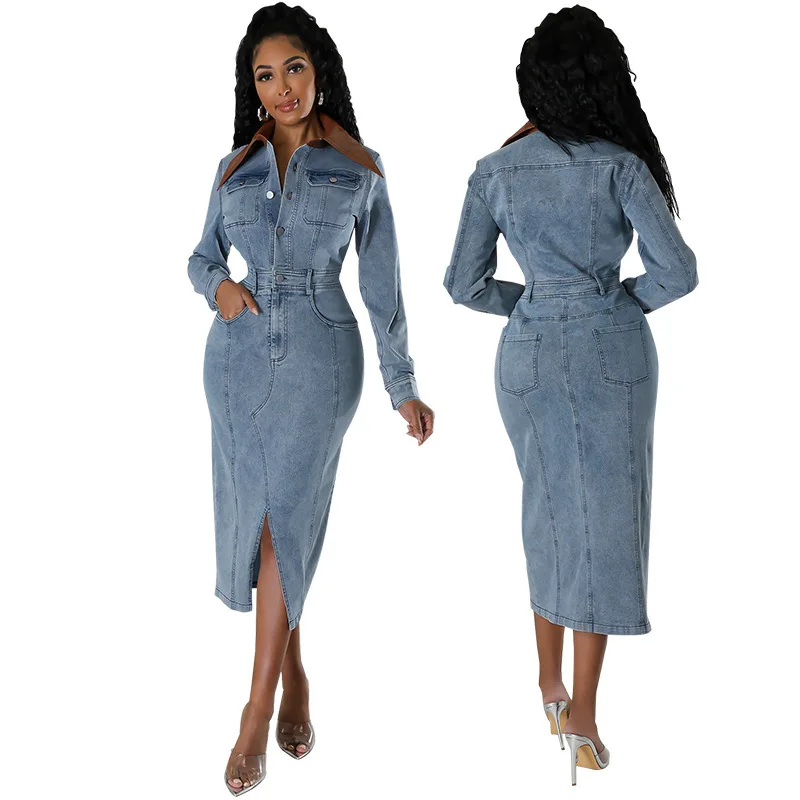 218611   Moda feminina novo denim emenda manga longa divisão meados de comprimento vestido renda 2025 vestido de verão robe feminino elegante