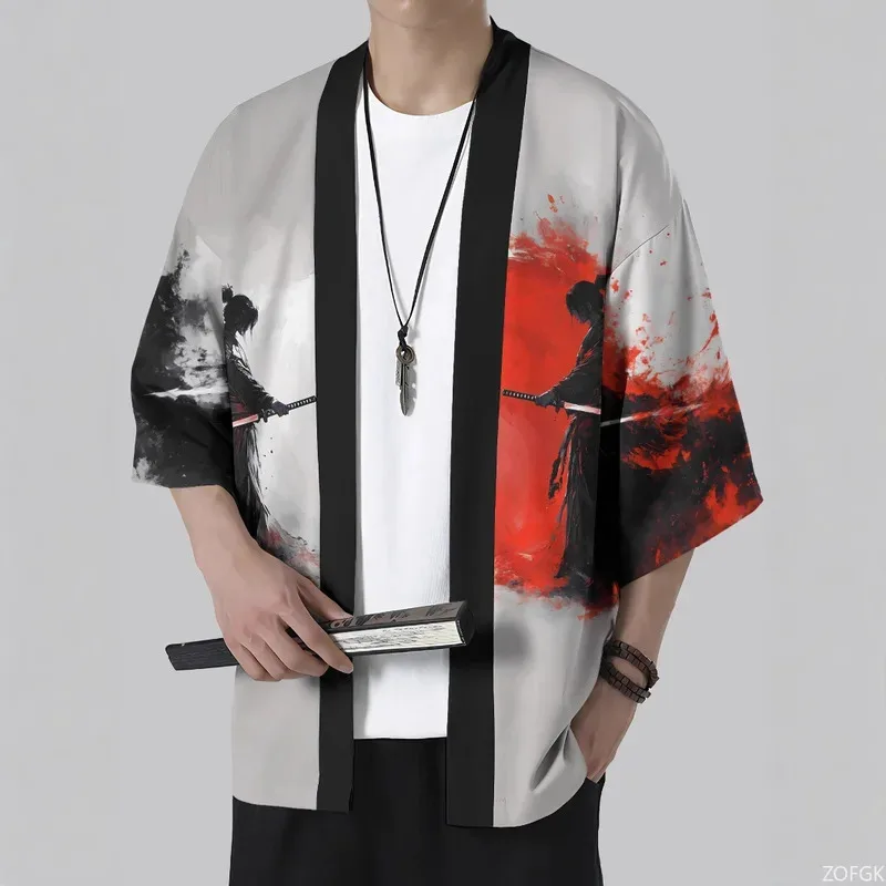 Kimono estivo Camicia sette quarti stampata in 3D, abito taoista, cardigan, top ampio da uomo e da donna