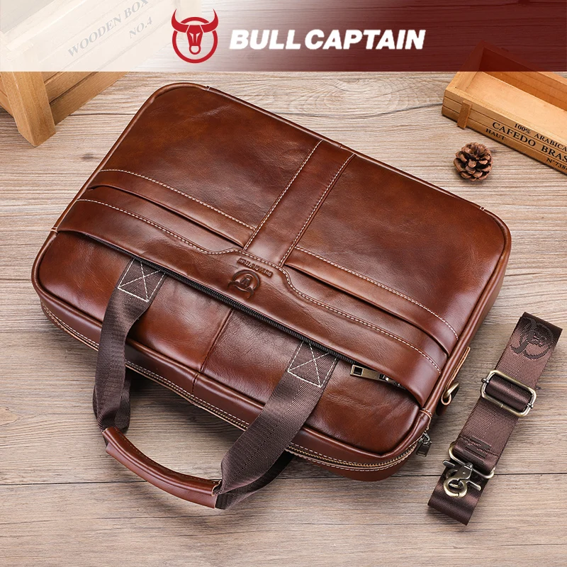 BULLCAPTAIN Leather Laptop Bag, Top Layer Leather 15' Laptop Bag Men's Laptop Briefcase Work Business Travel Bag 053