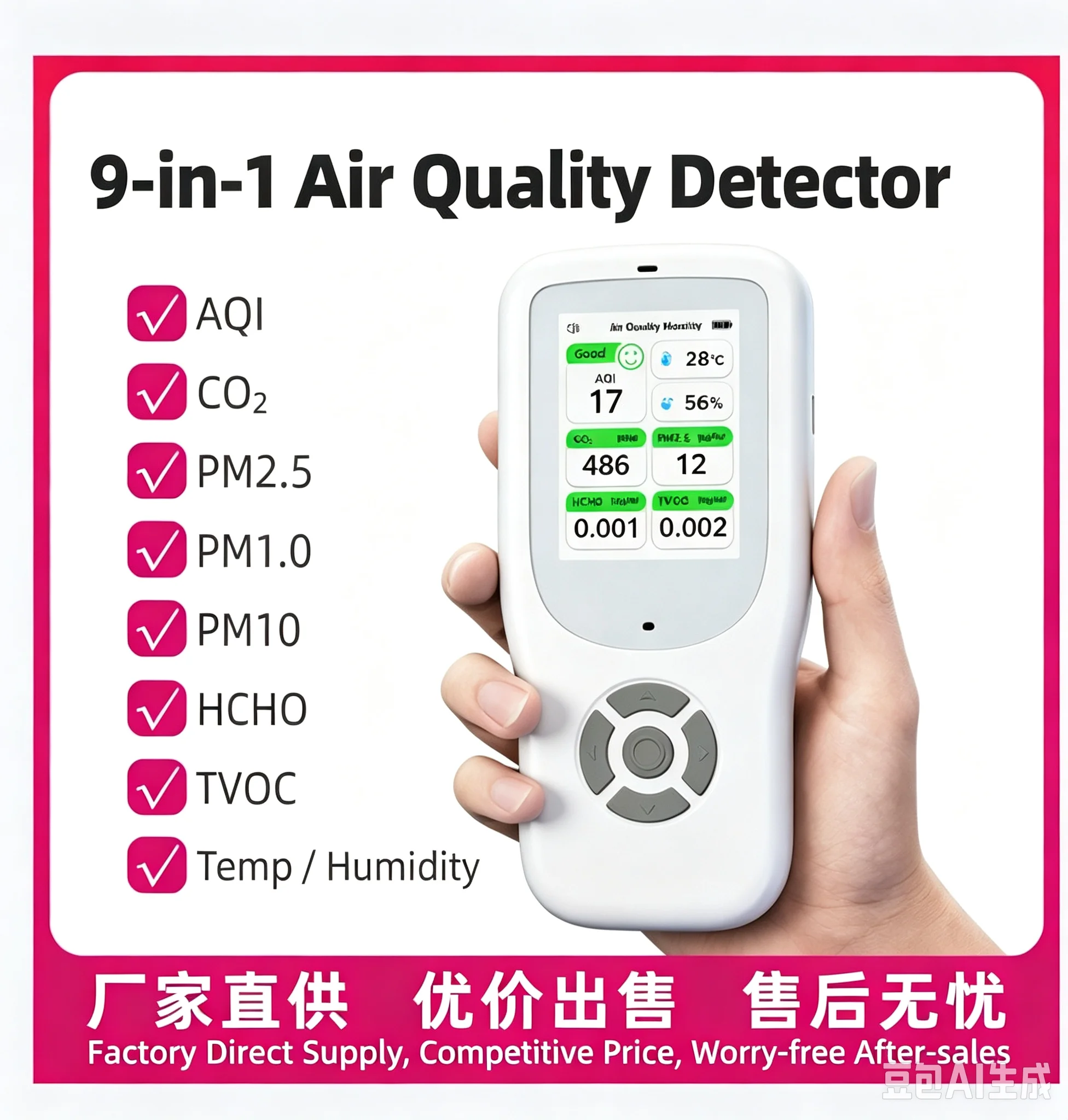 Professional handheld 9 in 1 air quality detector, indoor carbon dioxide TVOC formaldehyde multi-function sensor
