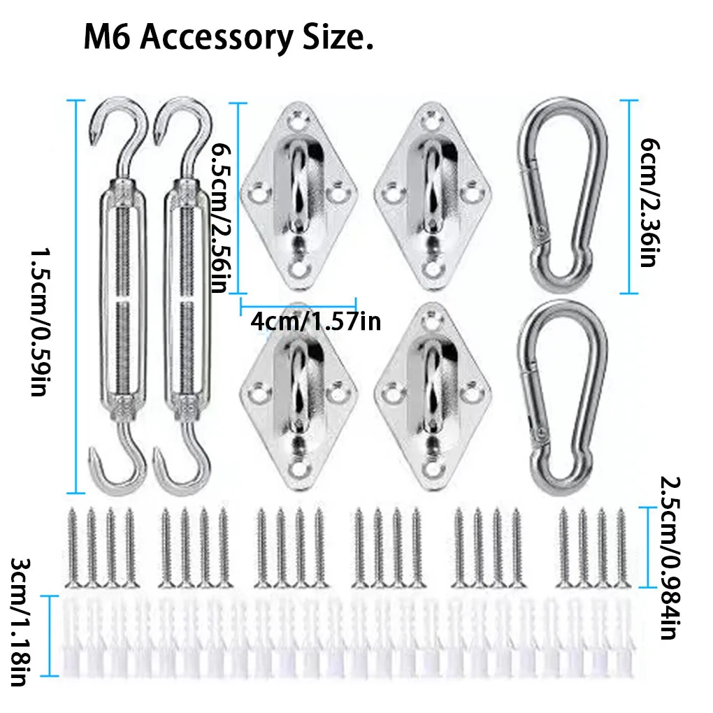 4PCS Adjust Chain Rigging Hooks & Eye Turnbuckle Wire Rope 304 Stainless Steel M6 Tension Device Line Triangle Shade Sail Kit