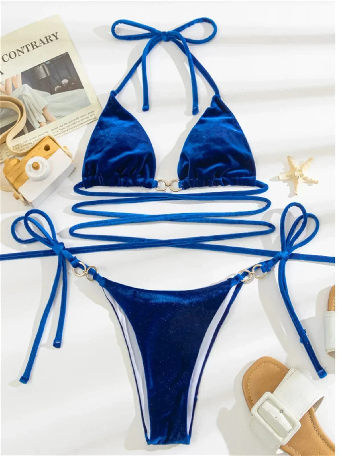 Sexy Velvet Bikini 2026 Women Sexy Blue Green Criss Cross Swimsuit Brazilian Bathing Suit Push Up Tie Side Triangle Swimwear
