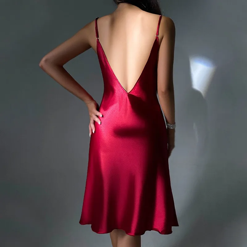 DNLin Summer Women’s Sexy Split Midi Camisole Dress Backless Faux Silk Nightdress Soft Comfortable Homewear Pajamas