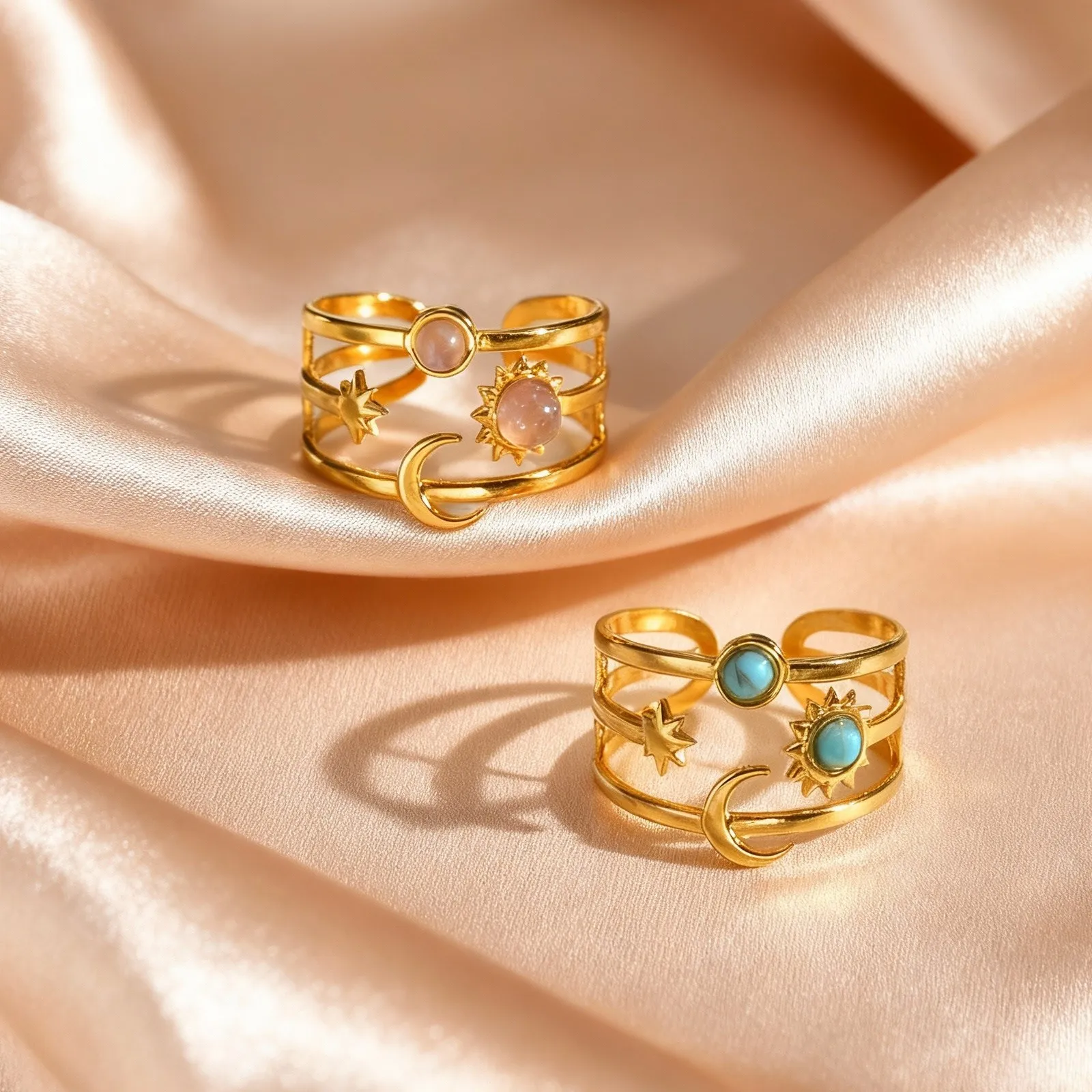 Natural Stone Turquoise Star Sun Multi Layers Stainless Steel Open Rings for Women Aesthetic Finger Jewelry Waterproof view 2