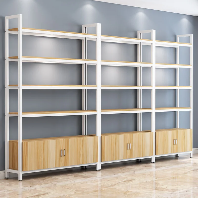 

Simple household steel and wood bookcase, living room floor rack, multi-layer display rack, storage shelf, supermarke