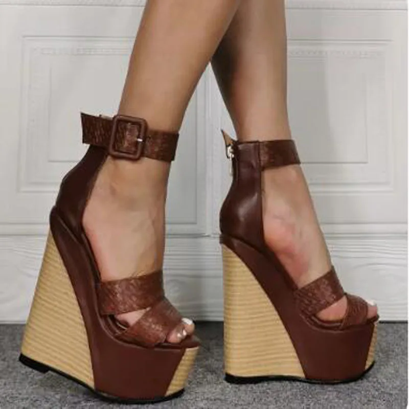 New Woman Brown Leather Super Platform Wedges Summer Sandals Female Ankle Buckle Strap Zipper Back High Heel Leisure Shoes Lady