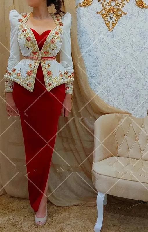 White Red Mermaid Prom Dresses with Long Sleeve Jacket Algerian Outfits Karakou Gold Beaded Embroidery Evening Occasion Gown