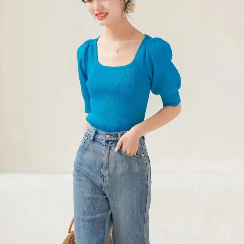 

Retro Square Collar Puff Sleeve Summer 2024 Women's New Spliced Screw Thread Fashion Solid Color Slim Short Sleeved Knitted Tops