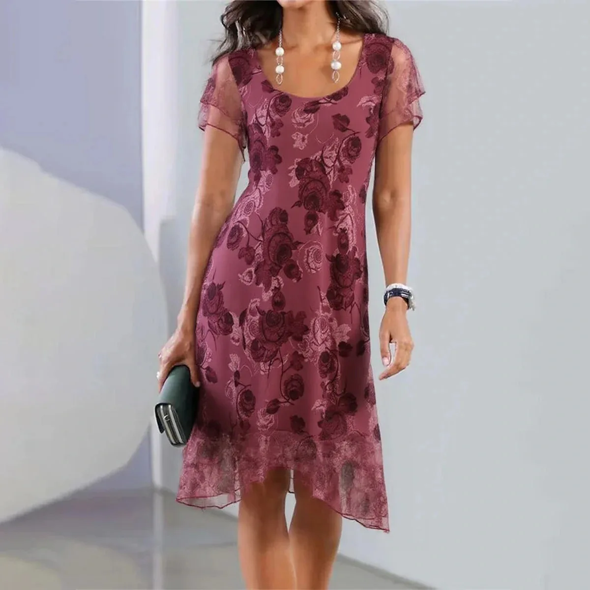 

Summer 2025 Loose Fit Short Sleeve Mesh Print Dress Women's Casual Maxi Dress Elegant Draped Style robe d'été femme