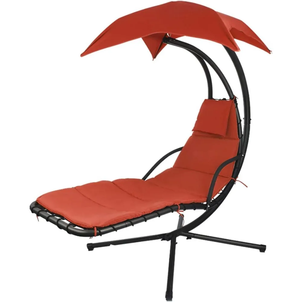كرسي أرجوحة خارجي برتقالي مع كرسي مبطن، وأرجوحة معلقة، وحامل مظلة من الشمس