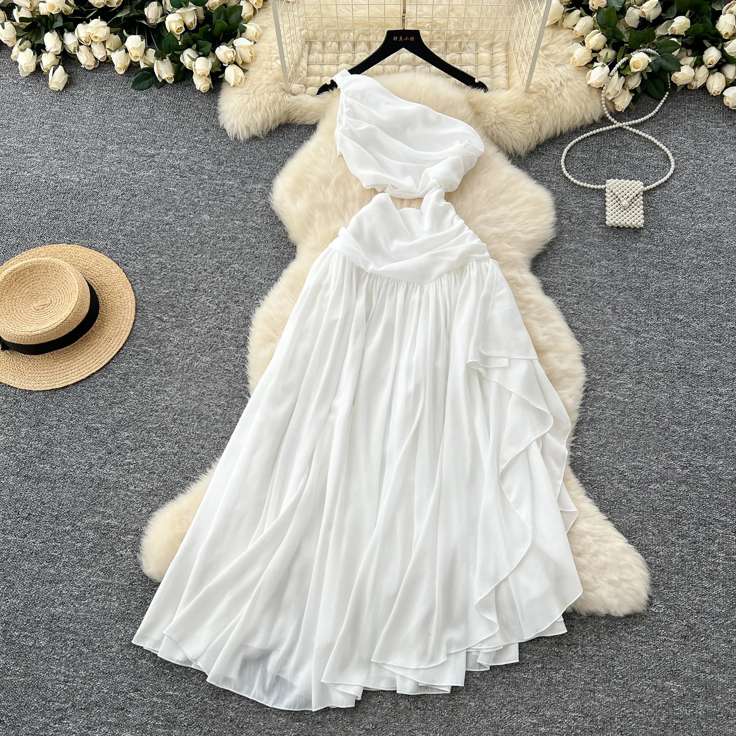 

Off Shoulder Dresses Pullover Ankle Length Women Dress Sleeveless High Street Vestidos Hollow Backless Summer Party Club White