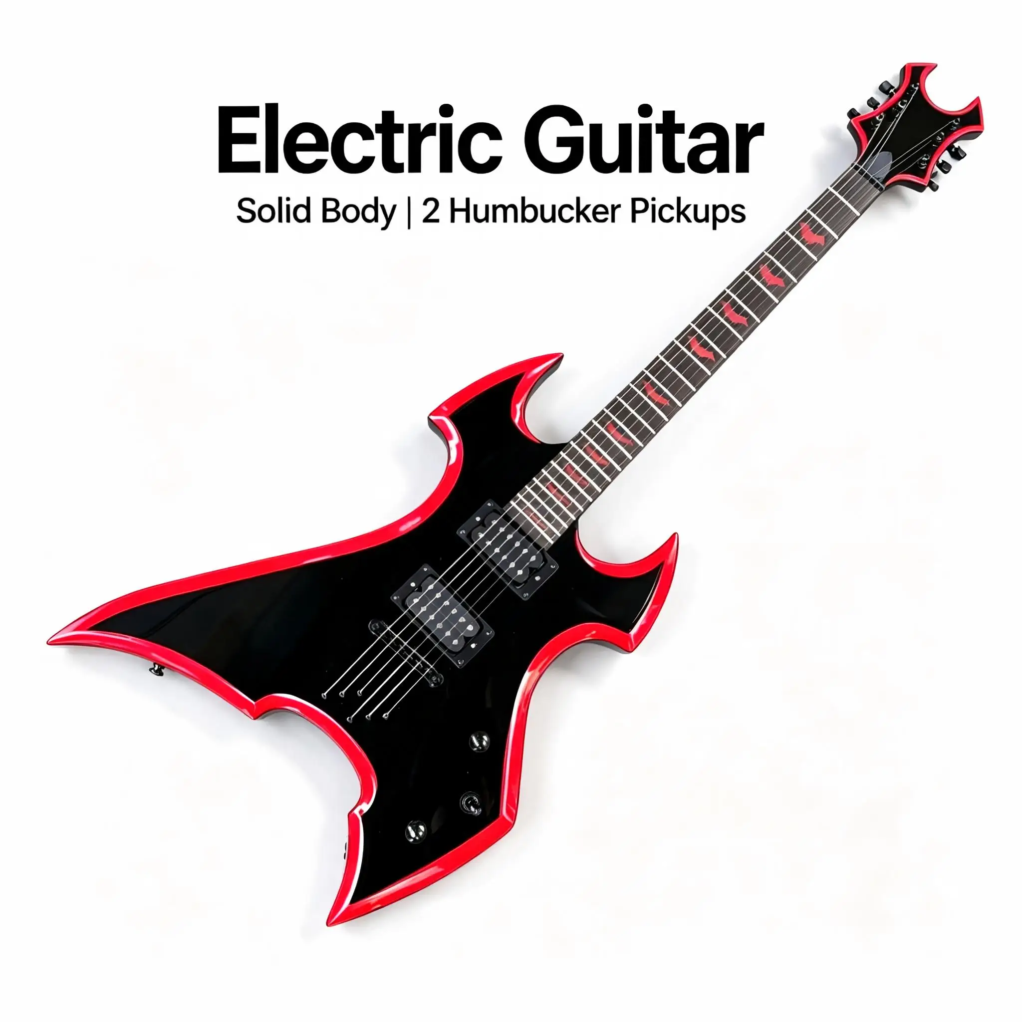 Black Electric Guitar Red Binding, Double Point Wild Shape, HH Pickups, Fixed Bridge, Flame Inlays, Black Hardware, Metal