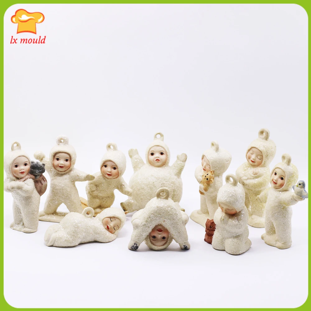 10 Styles 3D Baby Silicone Molds Flexible Chocolate Polymer Clay Snowman Cake Toppers Candle & Doll Moulds for Baking