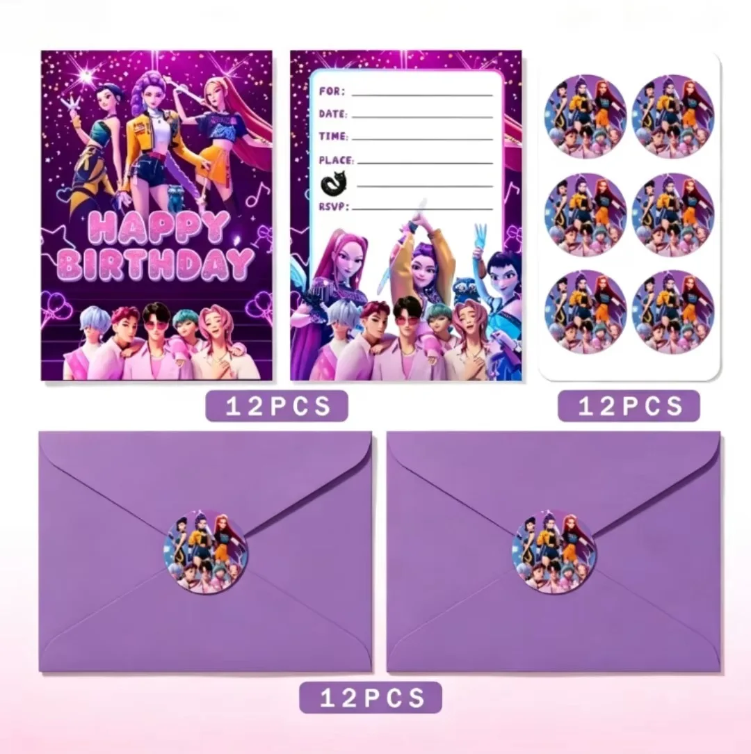 12pcs Rumi Mira Zoey  GroupTheme Invitation Card Greeting Purple Card Single-Page Type Event Birthday Party Supplis in Stock