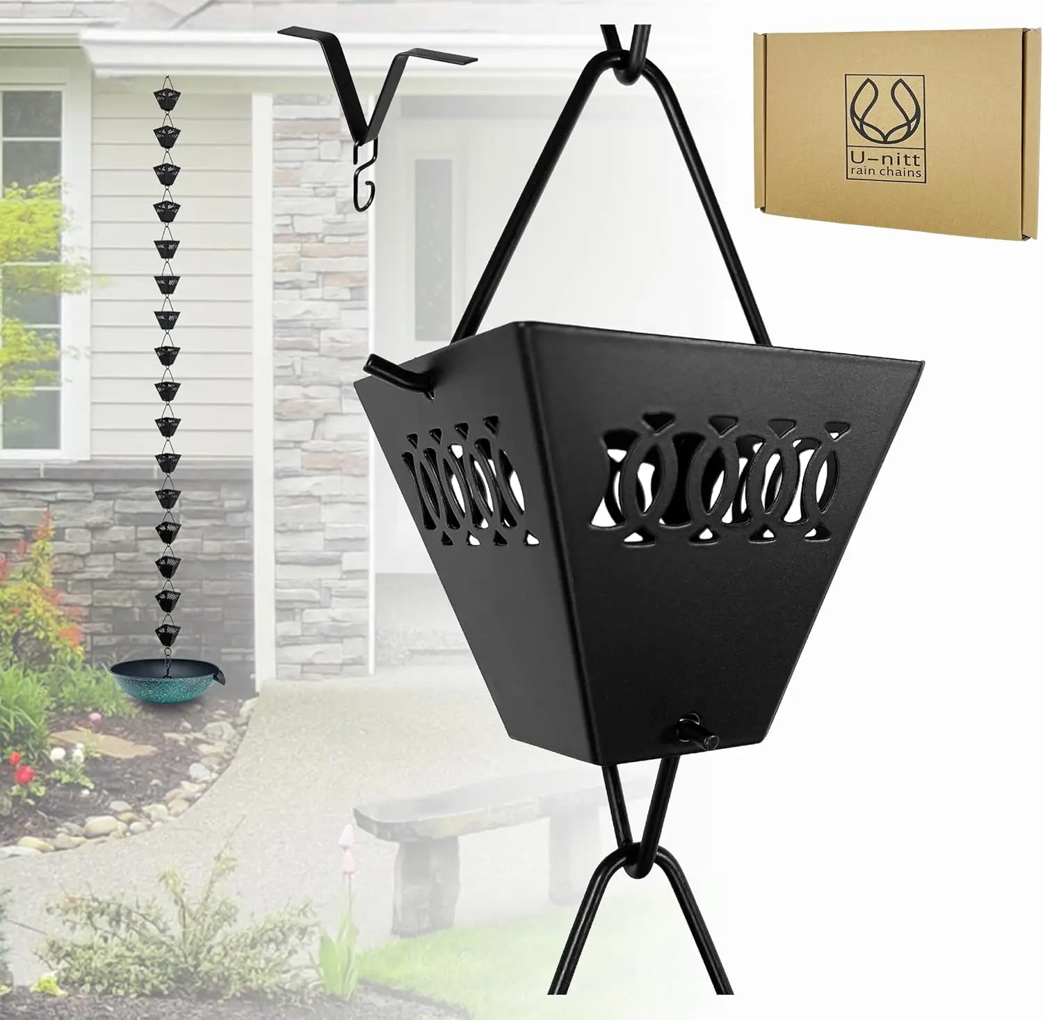 

Дождевая цепь для сбора воды с водостоков, цепи длиной 8,5 футов с квадратными чашками, эффективна при сильном дожде, включает в себя зажимы для водостоков.