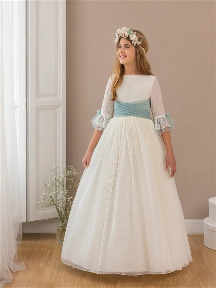 

New Arrival Boat Neckline Half Sleeves Tulle A-Line Flower Girl Dress Elegant Back Zipper With 3D Flower Floor Length Gown 2024