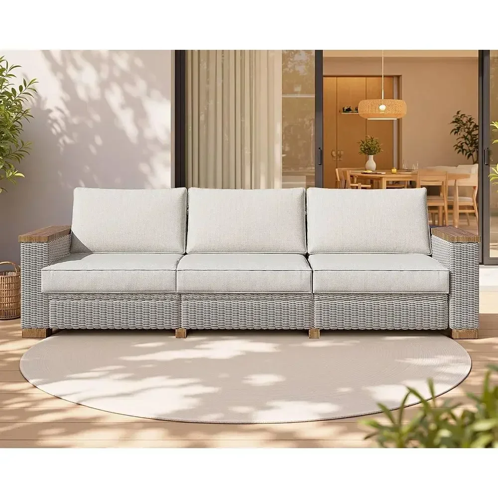 3-Seat Outdoor Patio Sofa, Weather-Resistant Wicker Couch, Solid Wood Arms, 4.7 Thick Cushions, UV-Protected for Porch, Backyard