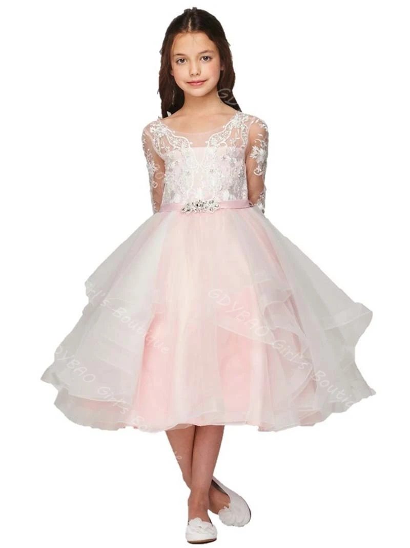 

Customized Kids Flower Girl Dress Illusion Lace Tiered Tulle Princess Pageant Tea-Length Birthday Party Dress With Beaded Sashes
