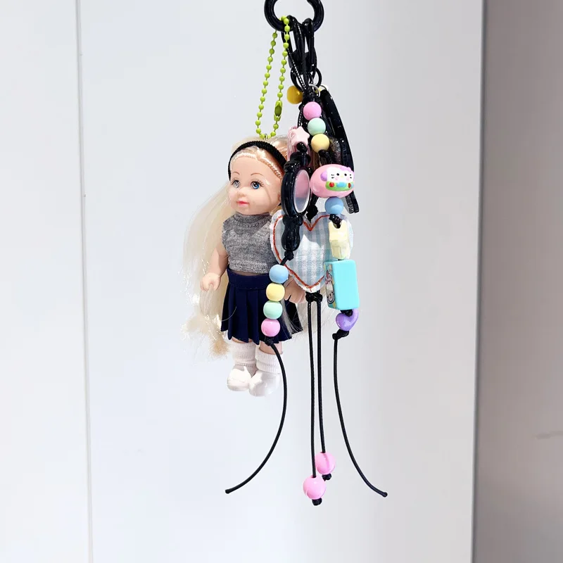 Golden Long Hair Doll Bag Pendant with Gingham Heart   Cute Bag Accessory