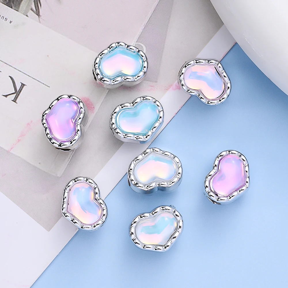 10 Stück verträumte, regenbogenfarbene Herzform-Perlen mit großem Loch, Abstandshalterperlen für die Schmuckherstellung, DIY, europäische Armbänder, Halsketten, Zubehör – Detail 5