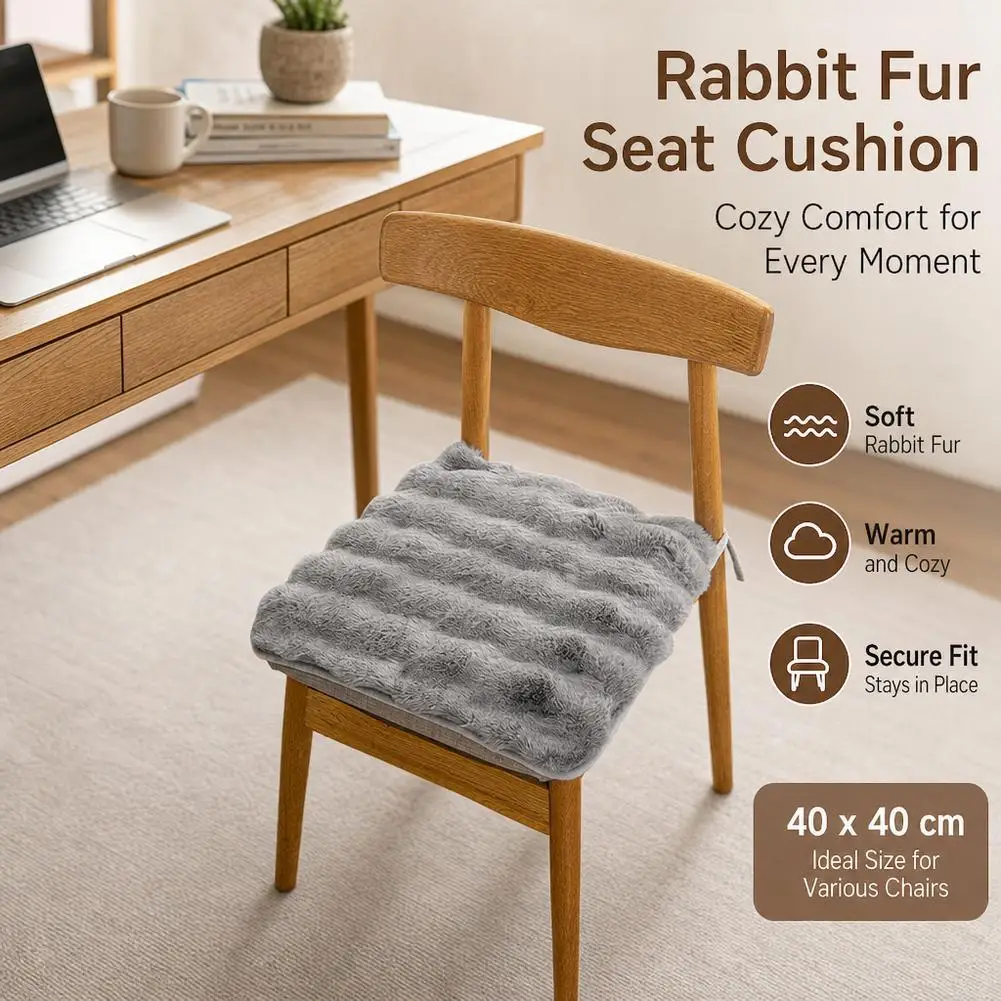 Rabbit Fur Seat Cushion Faux Winter Warm Thickened Soft Chair Pad Non Slip Ties Office Dining Student Desk Butt Pillow 40x40cm