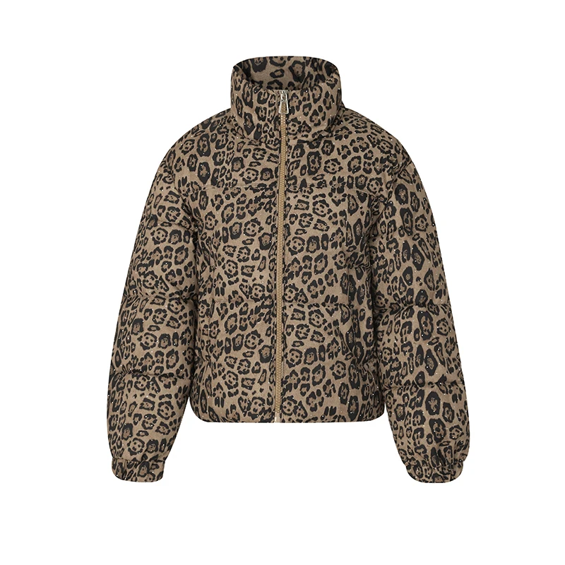 Leopard Print Women's Cotton Jacket Loose Fit Winter Warm Stand Collar Zipper Quilted Padded Crop Y2K Parka Outerwear for Female