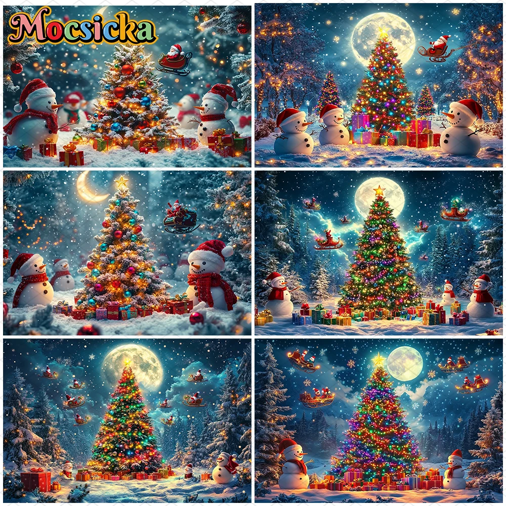 

Mocsicka Big Christmas Tree Photography Background Forest Colorful Lamp Gift Party Decoration Snowman Santa Claus Photo Backdrop