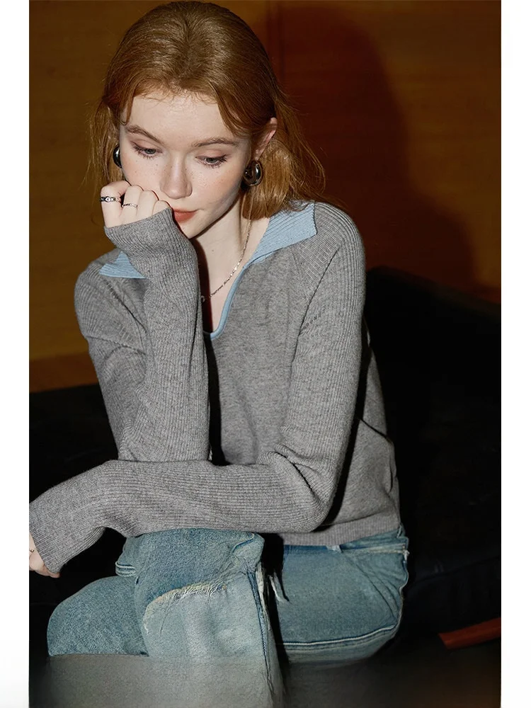 

KUHNMARVIN Grey Long Sleeve Knitted Sweater Women's Spring 2026 New Style Elegant V-neck Lady's Small Sweater Commute Style