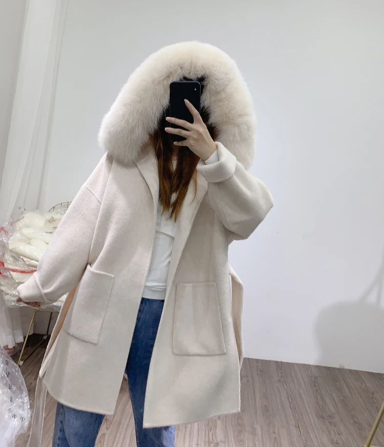 Furshehe Autumn Winter Women Wool Coat With Real Fox Fur Collar Loose Belted Cashmere Coat Ladies Winter Jacket