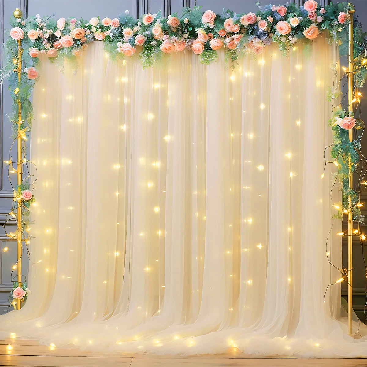 Mesh Curtain Garland with Warm Light String Rustic Wedding Decor for Home Christmas Baby Shower Birthday Party Supplies Backdrop