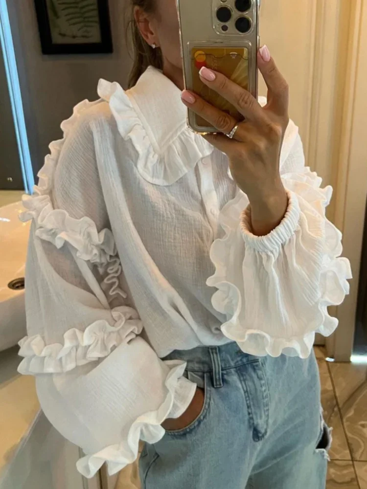 

2024 Spring Summer Women's Oversize Shirt with Ruffles Elegant Doll Collar Solid Long Sleeve Shirt Chic Loose Top White